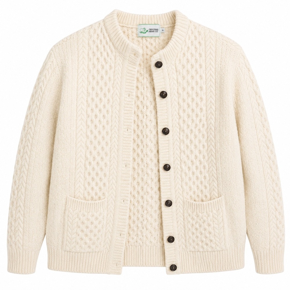 Original Aran Co. Irish Wool Cable Knit Cardigan Sweater Cream Fisherman Cottage
